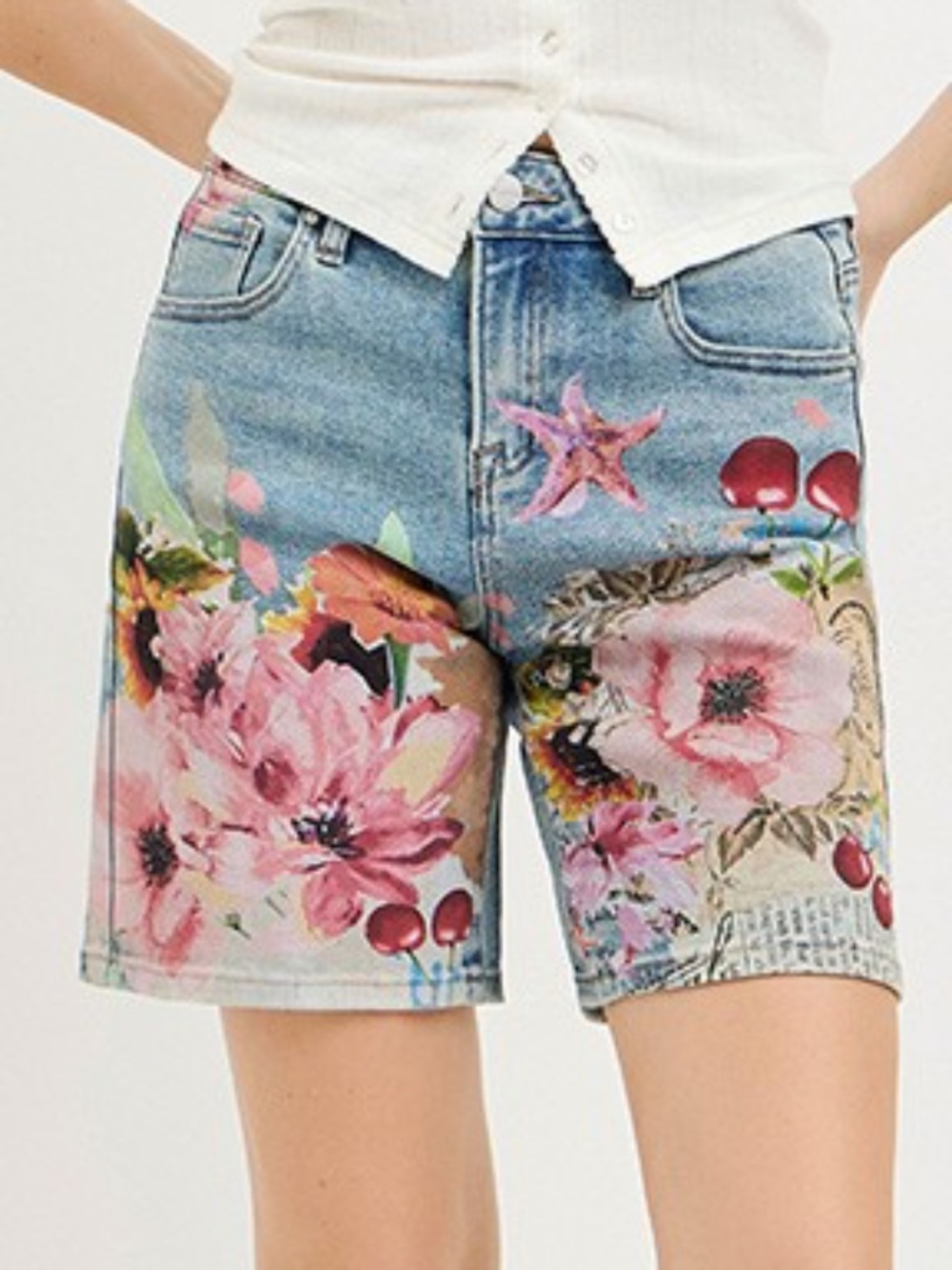 Floral Print Denim Jean Shorts - Pink Blue - Picture 5 of 5